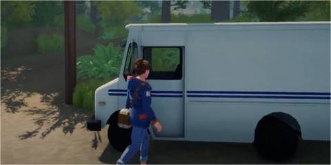 a postal van parked in a forest