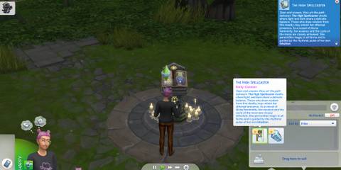 a pink haired sim stands at a podium looking at a tarot card