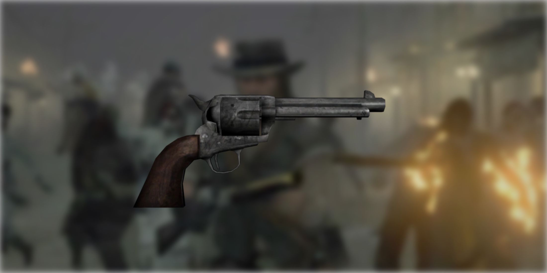 the Cattleman revolver on a backdrop of blurred gameplay footage