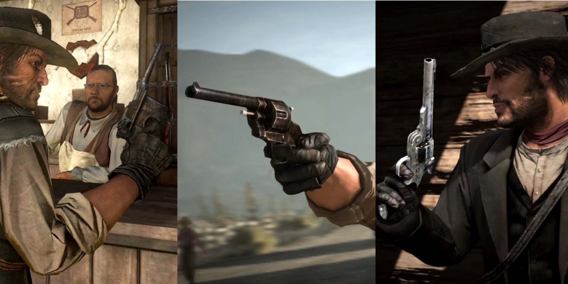 Selection of photos of John Marston holding revolvers and pistols