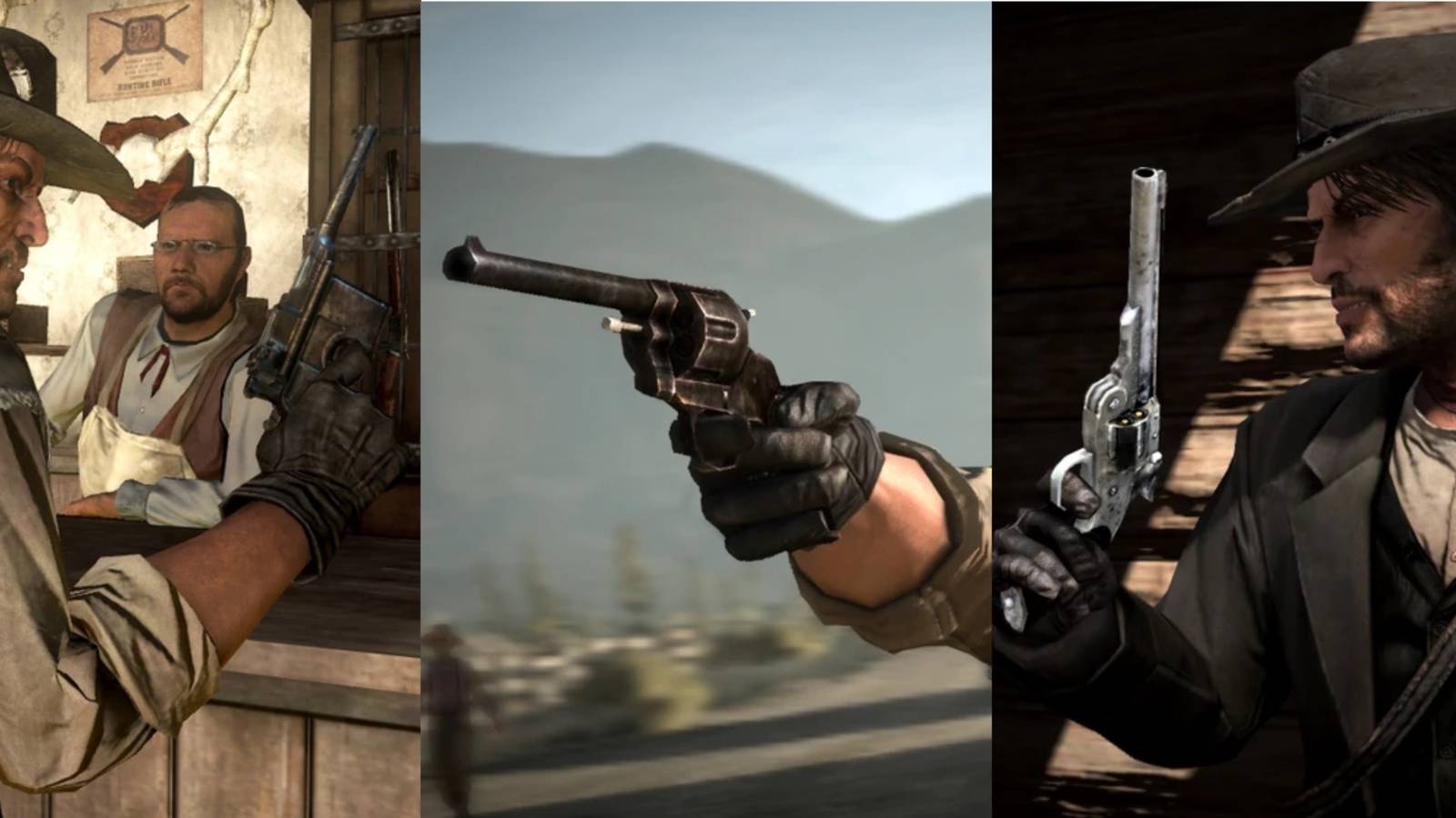Selection of photos of John Marston holding revolvers and pistols