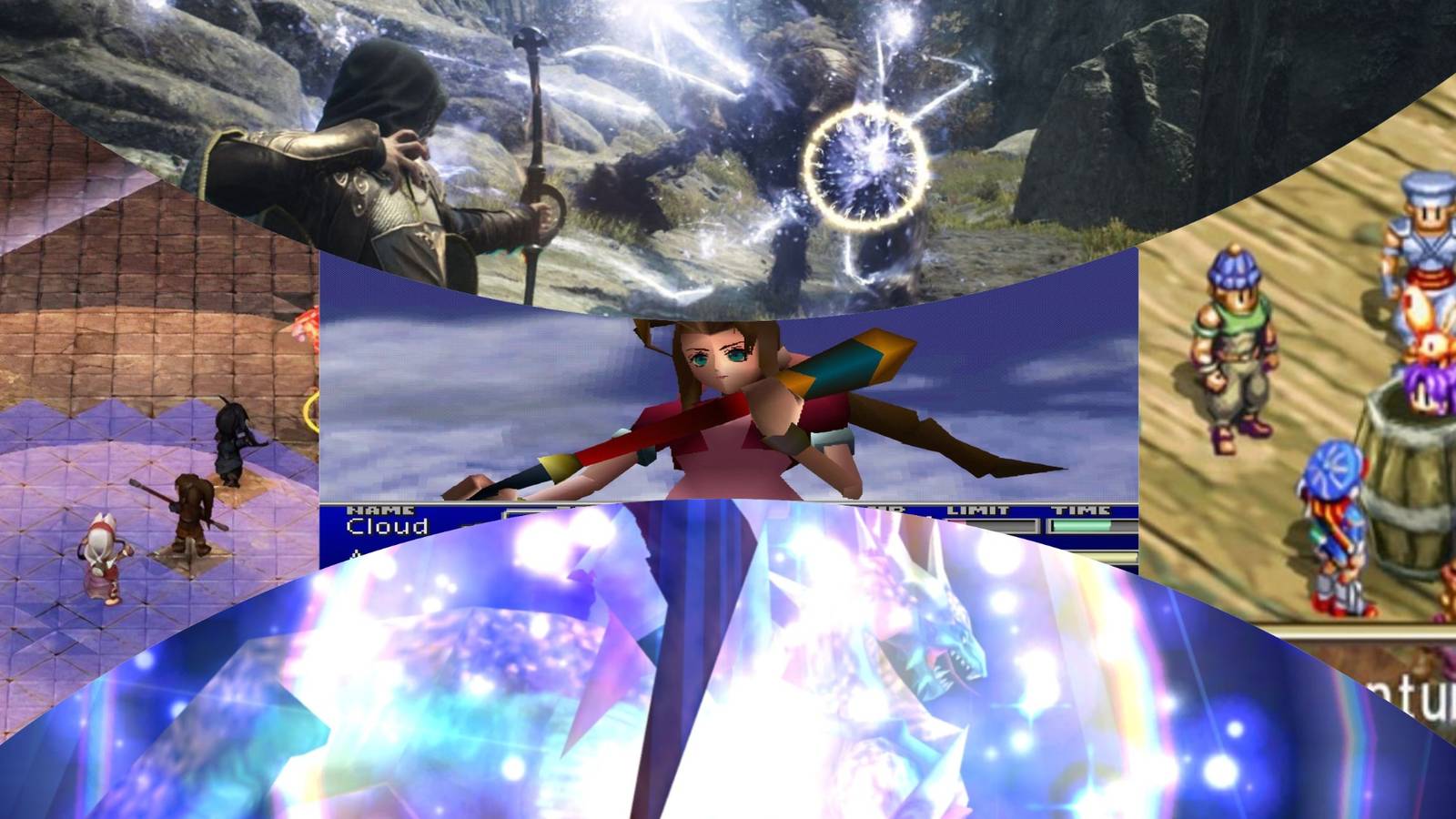 Final Fantasy 7, Final Fantasy 9, Grandia, Dragons Dogma 2 mixed gameplay collage