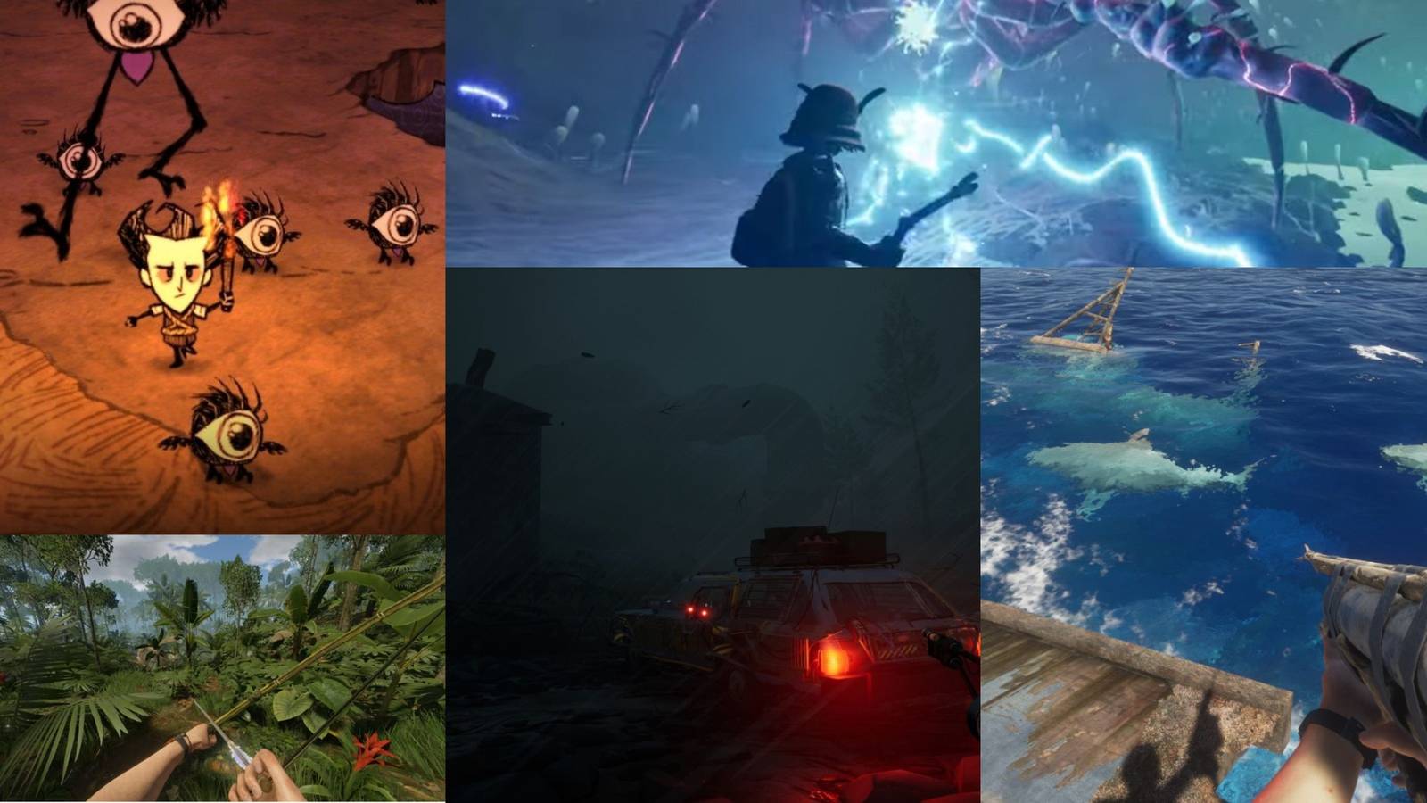 Grounded, Stranded Deep, Pacific Drive, Green Hell, Don't Starve mixed gameplay collage