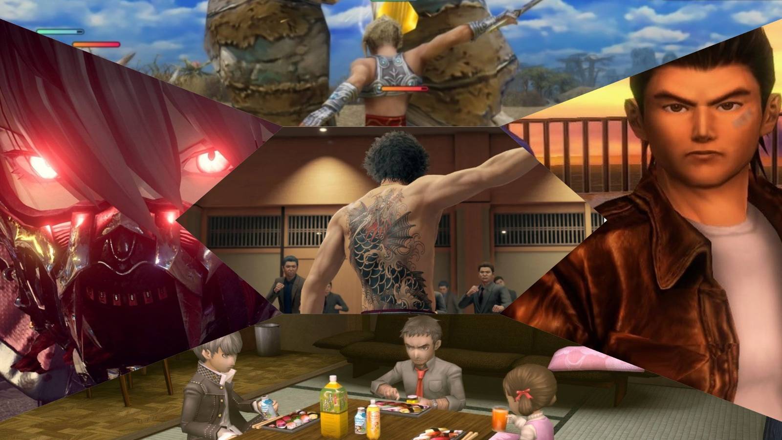 Shenmue, Persona 4, Code Vein, Yakuza Like a Dragon, Final Fantasy 12 mixed gameplay collage