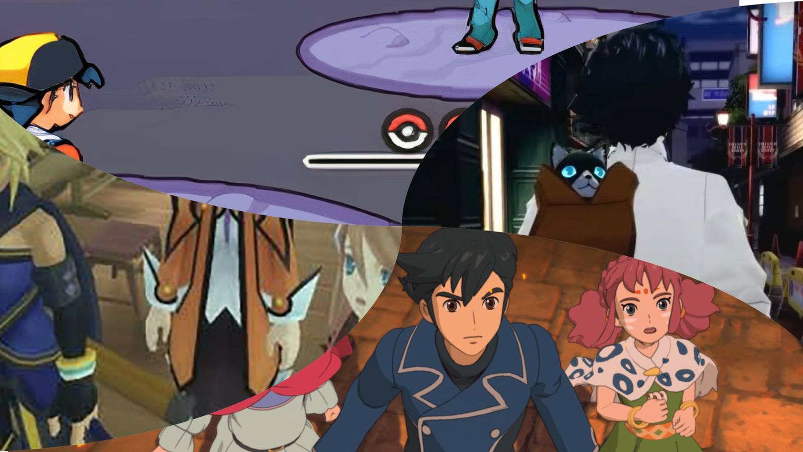 Ni no Kuni 2, Tales of Symphonia, Pokemon HeartGold & SoulSilver, Persona 5 Royal mixed gameplay collage