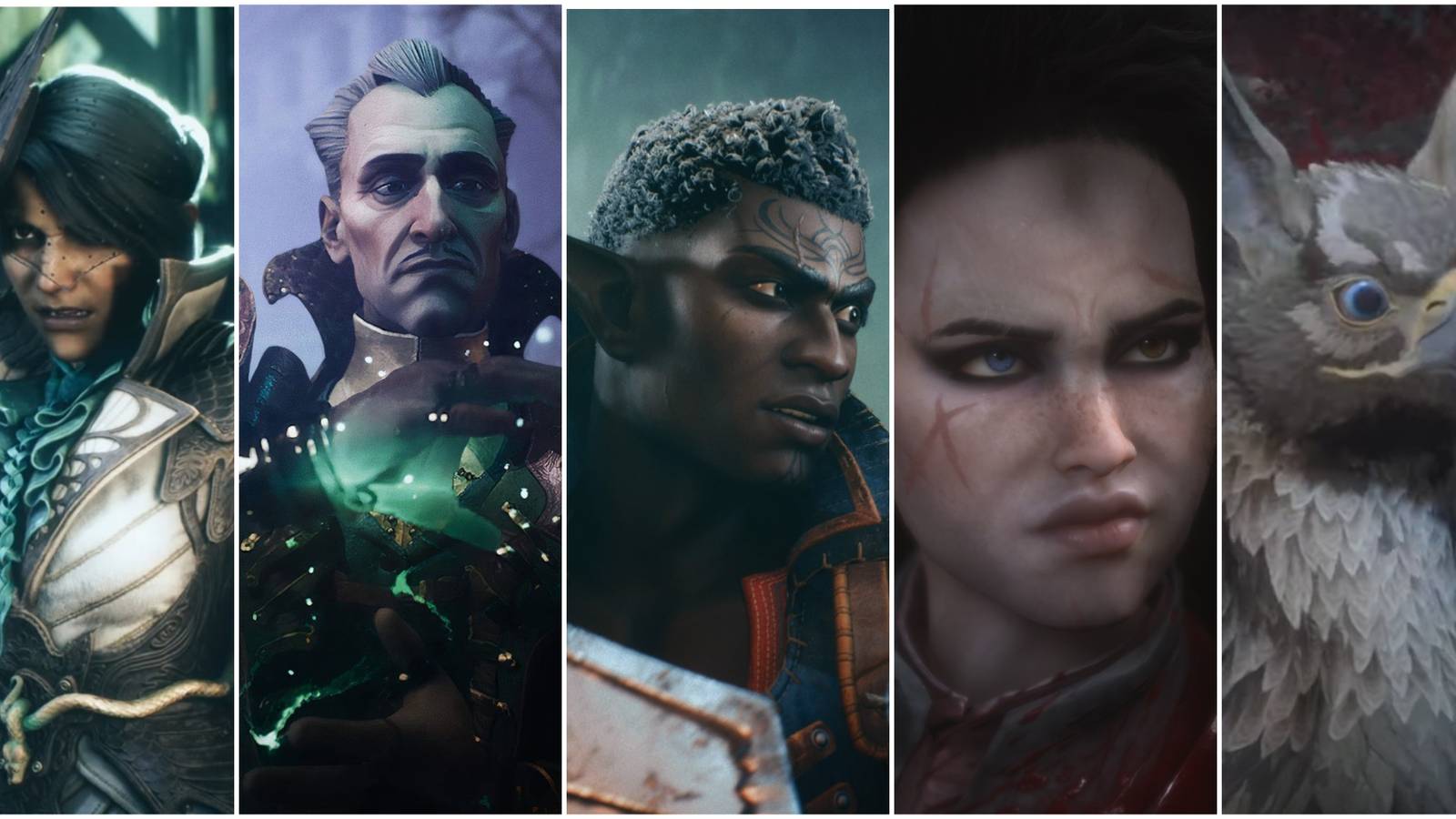 A collage of images of Dragon Age: The Veilguard characters Neve, Emmrich, Davrin, Rook and Assan