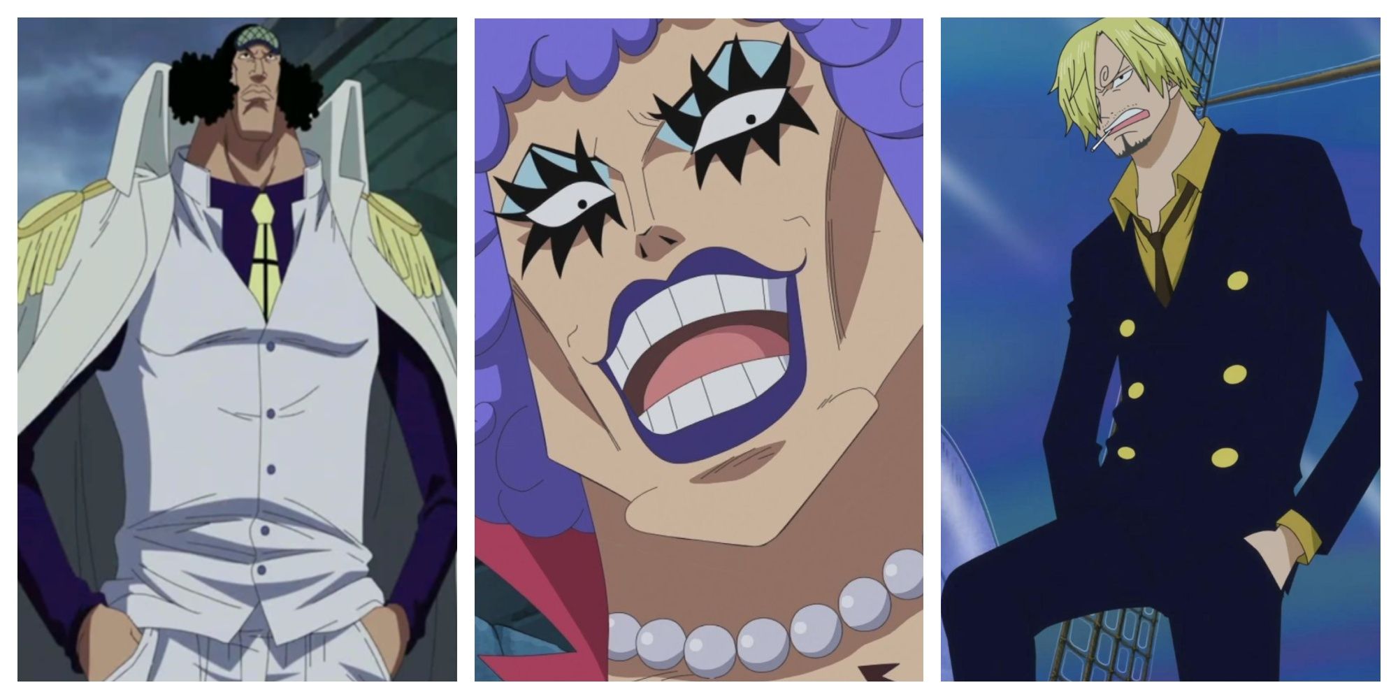 Kuzan, Ivankov, and Sanji; three characters based on pop culture figures