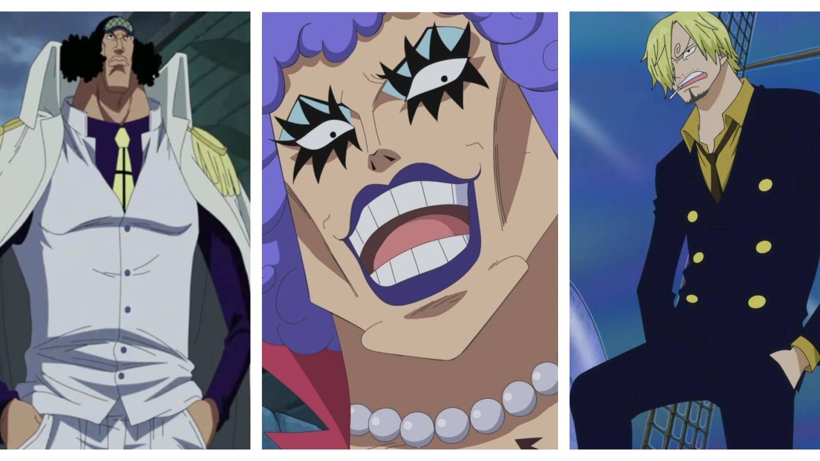 Kuzan, Ivankov, and Sanji; three characters based on pop culture figures