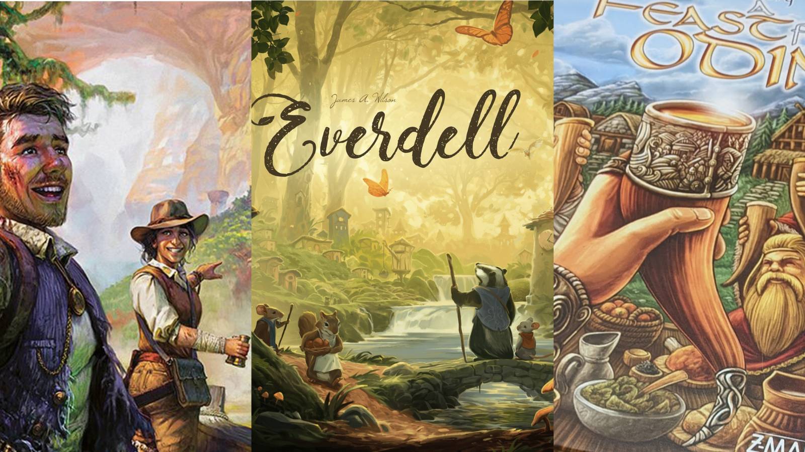 Lost Ruins of Arnak, Everdell and A Feast For Odin Box Art