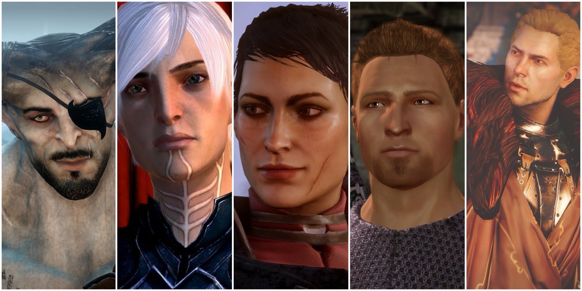 A collage of Dragon Age warriors, including Iron Bull, Fenris, Cassandra, Alistair and Cullen