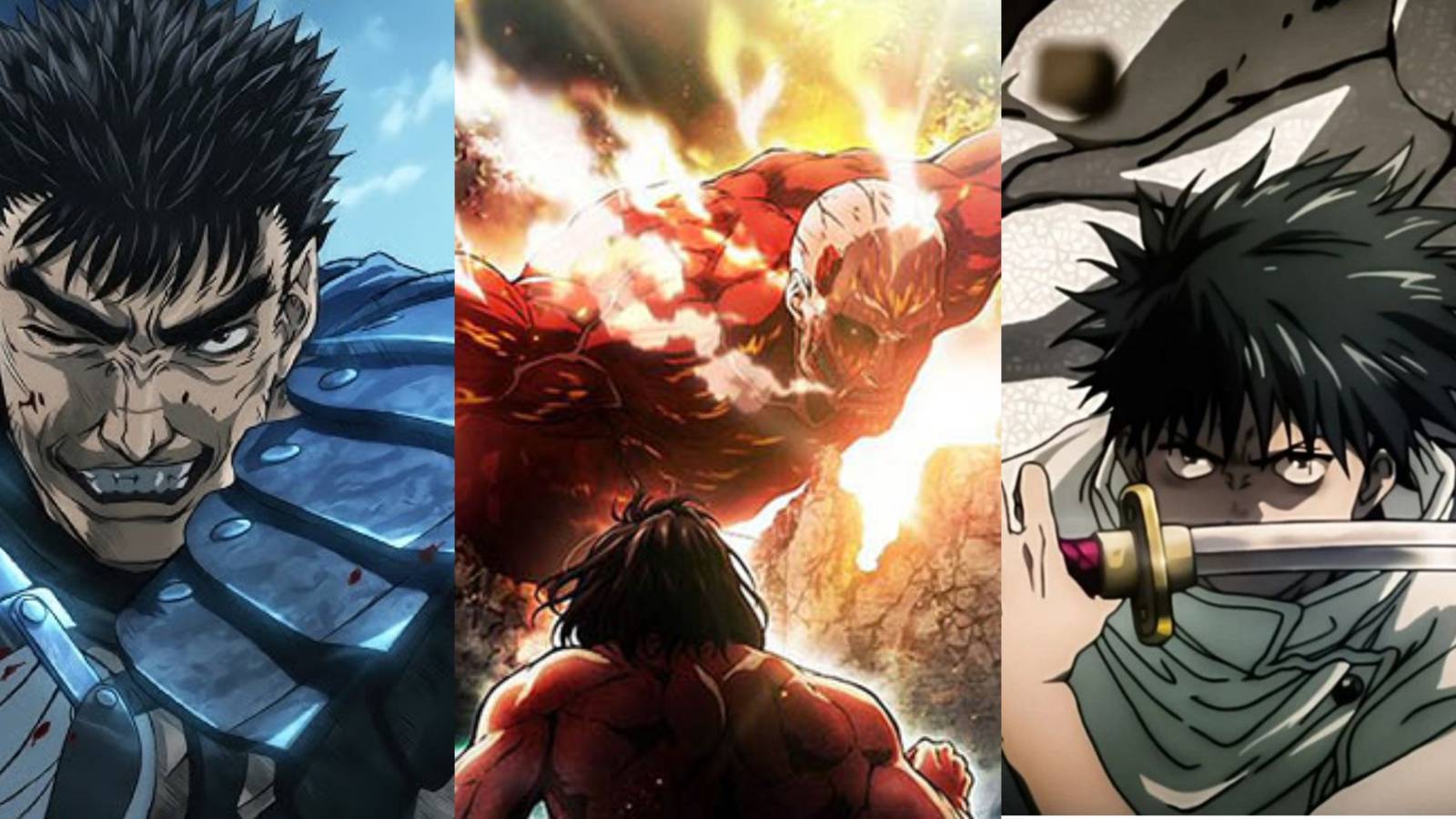 Promotional Images from Berserk, Attack on Titan and Jujutsu Kaisen