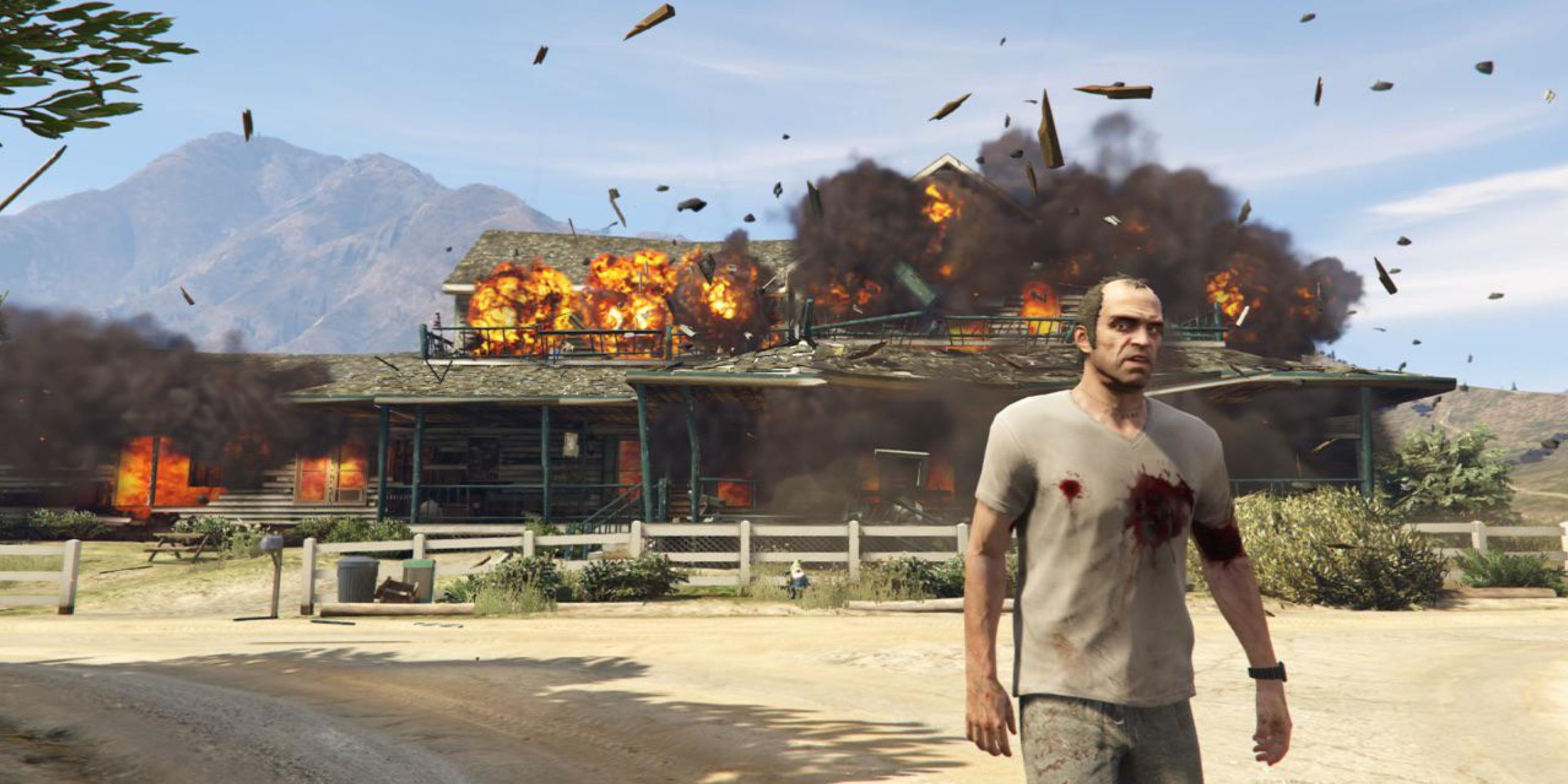 Trevor blowing up the O'Neil Brothers' house in Grand Theft Auto 5