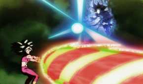 Goku using the Sliding Kamehameha on Kefla in Dragon Ball Super