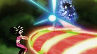 Goku using the Sliding Kamehameha on Kefla in Dragon Ball Super