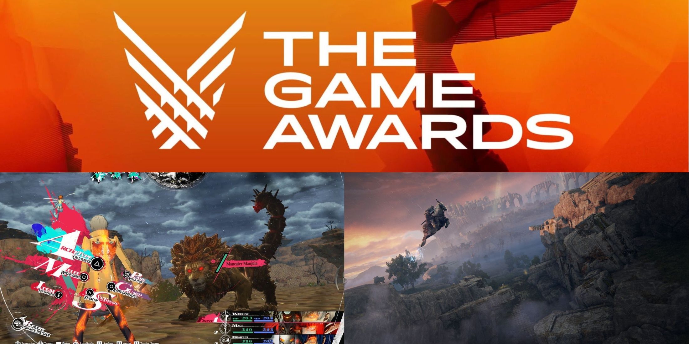 3 Way Split Image Of Game Awards Logo Metaphor Refantazio Gameplay And Elden Ring Gameplay