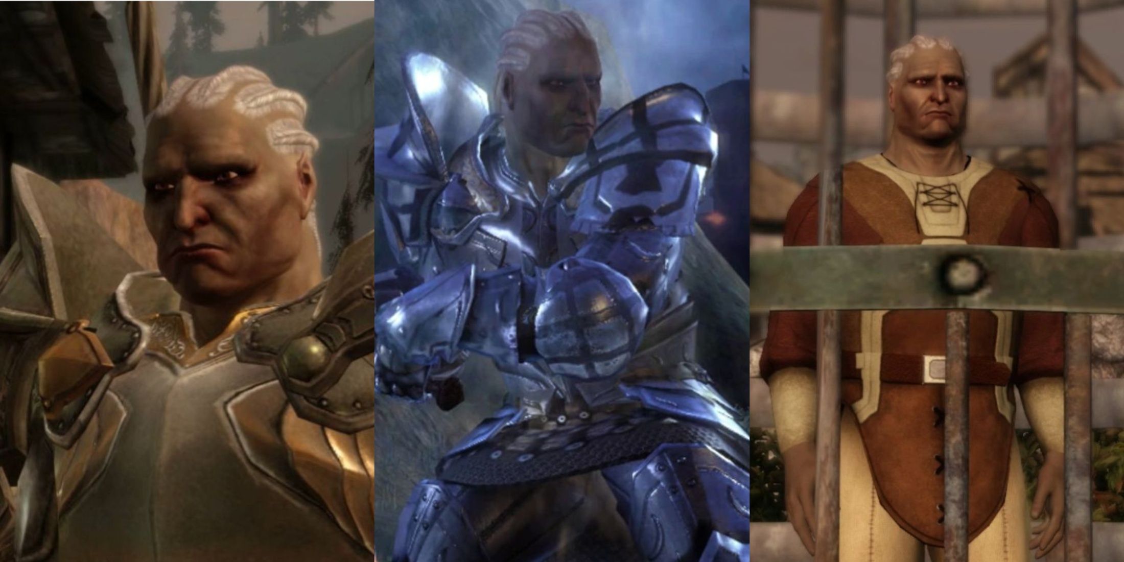 Three screenshots of Sten from Dragon Age: Origins.