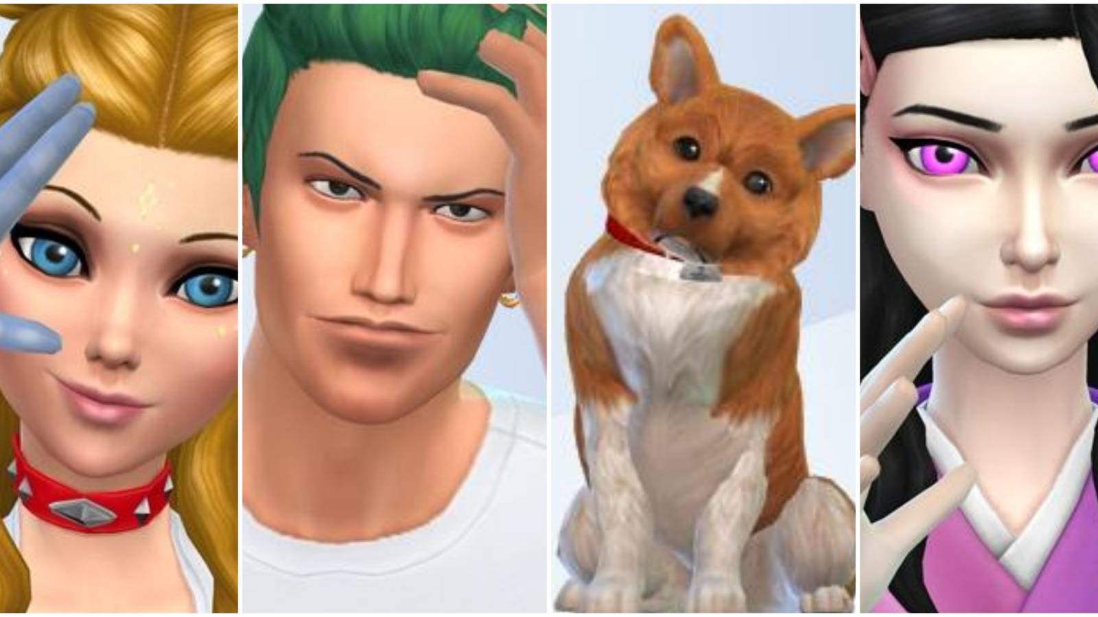 An image of the anime characters Sailor Moon, Zoro Roronoa, Ein the corgi and Nezuko remade in The Sims 4