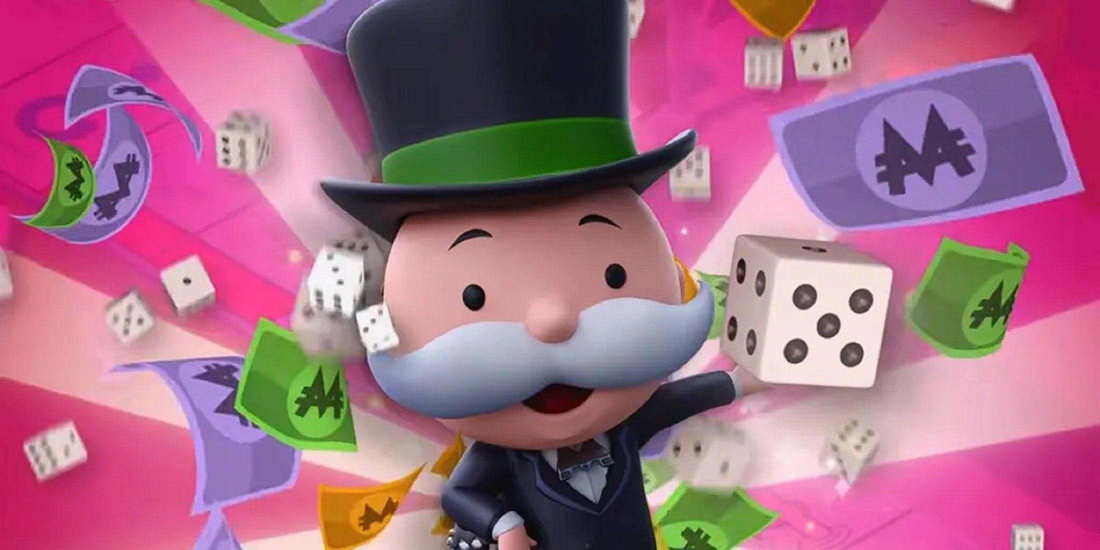 The Monopoly mascot surrounded by dice and cash