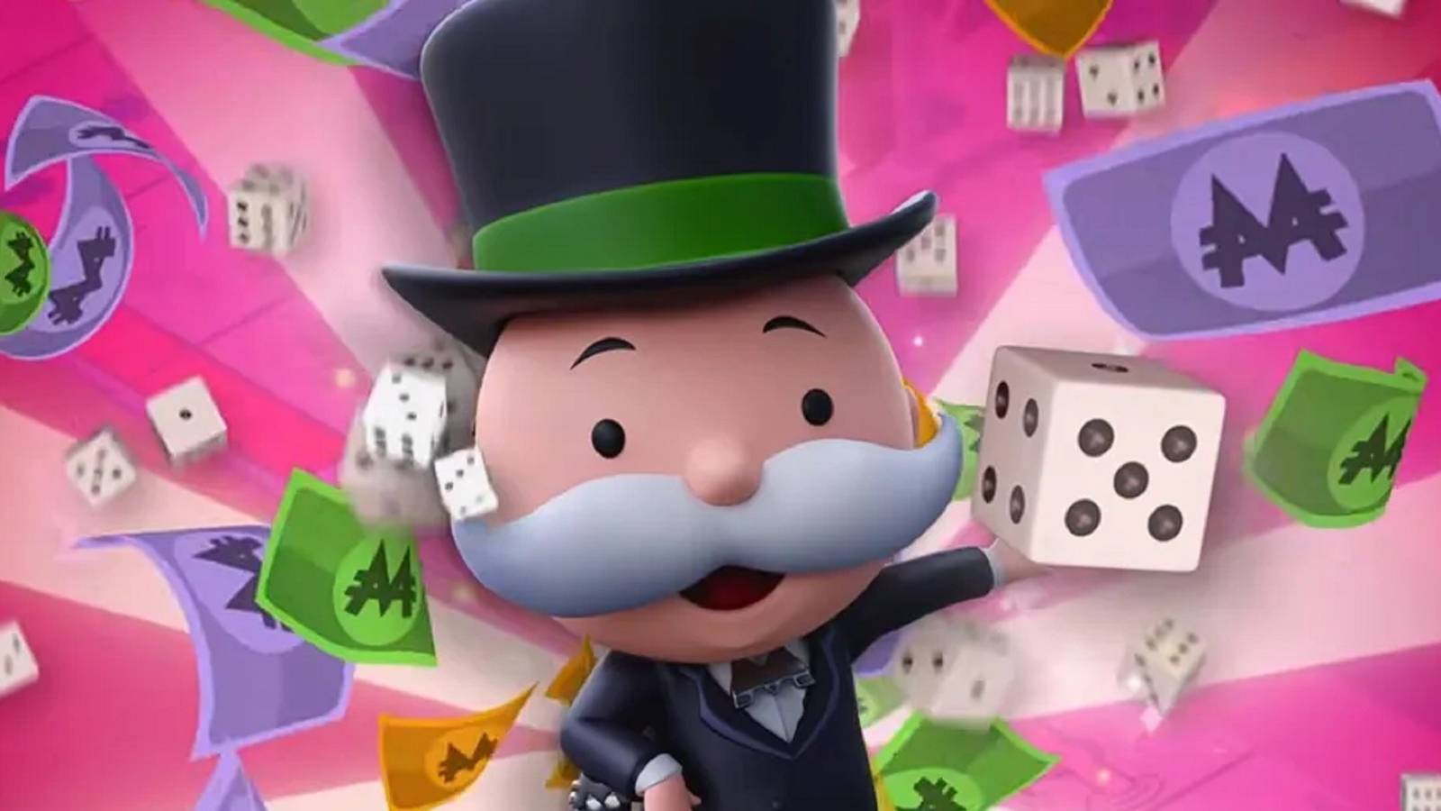 The Monopoly mascot surrounded by dice and cash