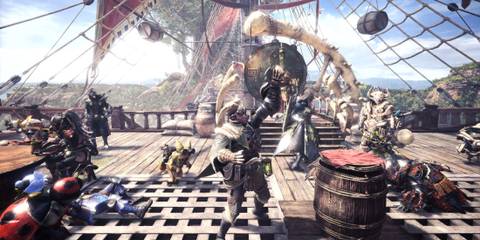 Characters on a ship in Monster Hunter World