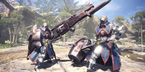 Characters with their weapons in Monster Hunter World