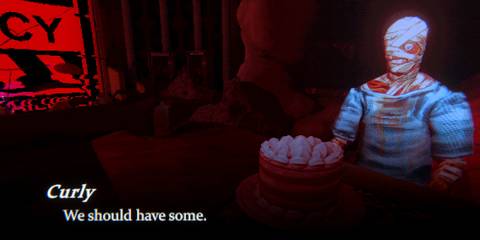 Mouthwashing Curly sits in front of a cake, stating he and the PC should have some