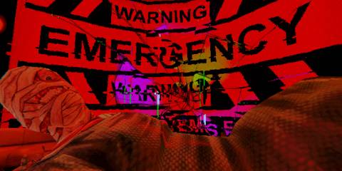 Mouthwashing Curly with warning signs on screen behind him