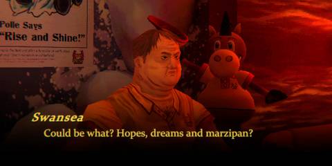 A pixelated version of a man standing next to a talking donkey in Mouthwashing