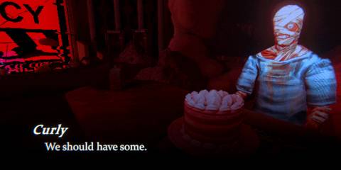 A man with bandages around his head offering a basket of food in Mouthwashing