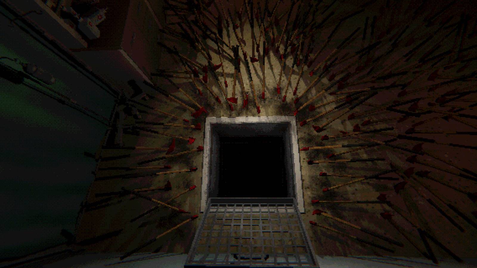 A hole in the ground surrounded by spikes in Mouthwashing