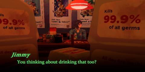 A man sitting at a desk in a store talking about drinking in Mouthwashing