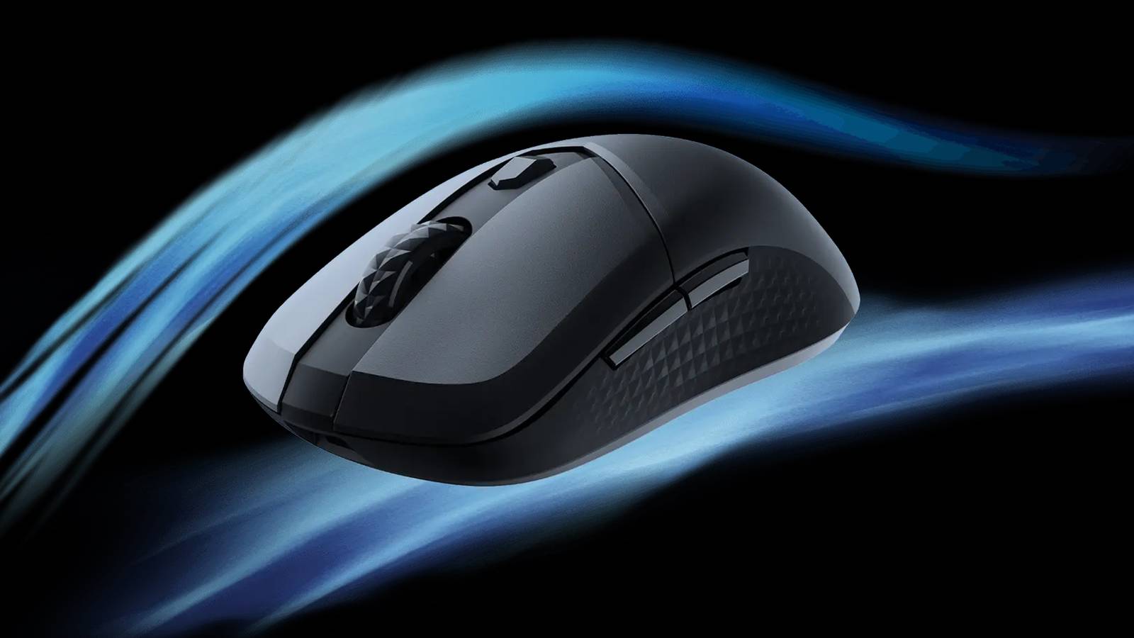 MSI Versa 300 Wireless gaming mouse with blue streaks behind it