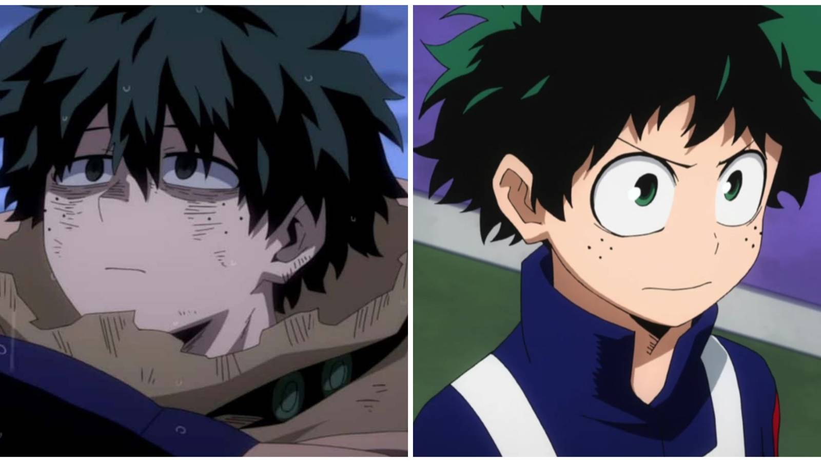 Split image of Deku in Season 6 and in Season 1 in My Hero Academia