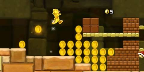 Gameplay screenshot of Mario collecting coins in New Super Mario Bros. 2