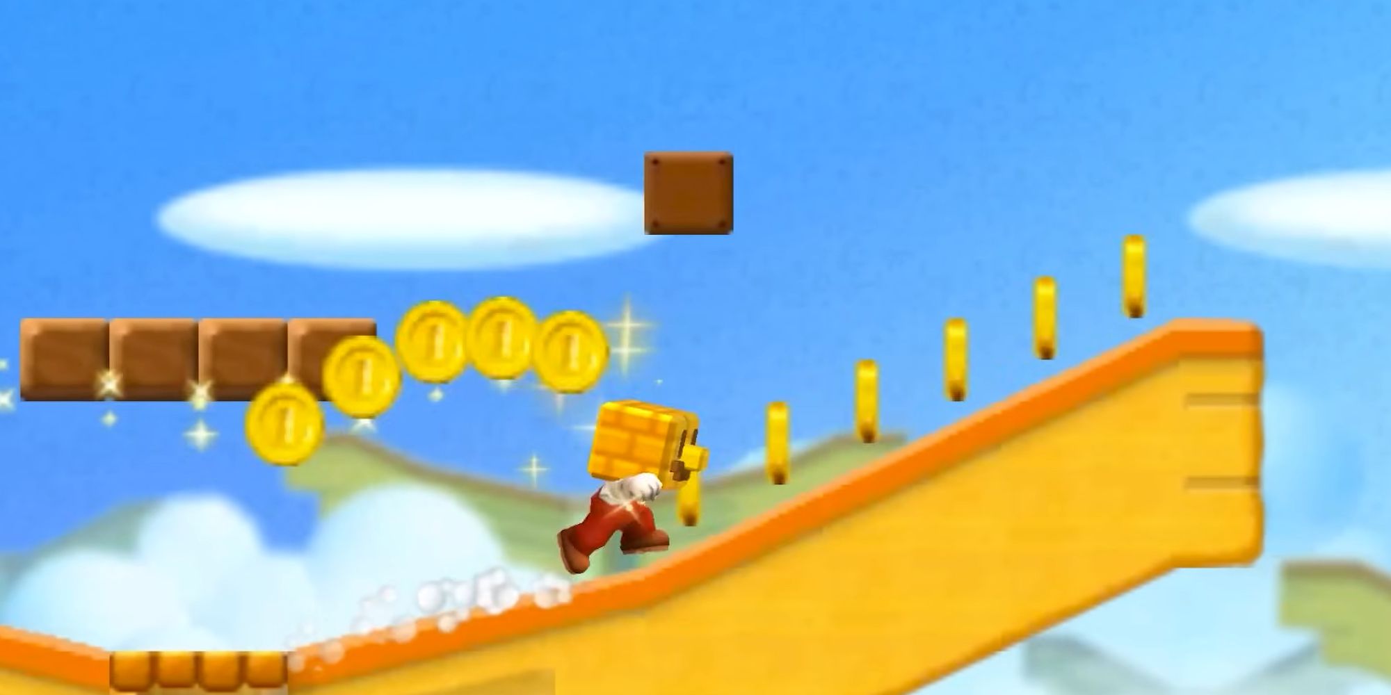 Gameplay screenshot of Mario collecting coins in New Super Mario Bros. 2