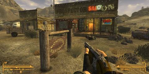 Fallout New Vegas player standing in a town