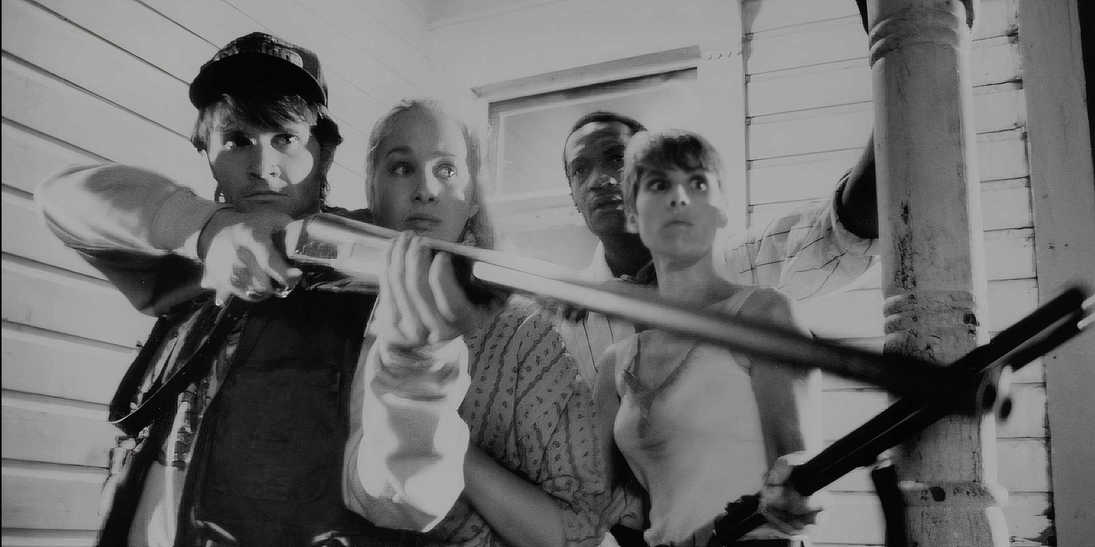 All survivors standing on the porch with guns in Night of the Living Dead