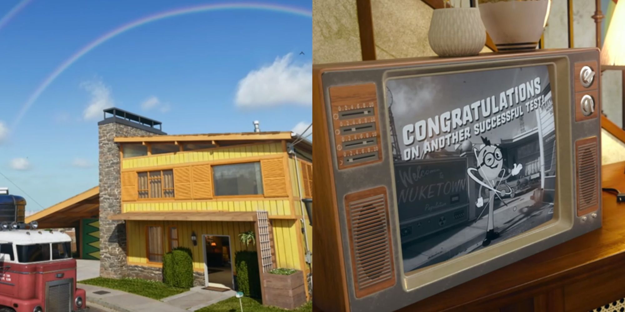 Nuketown exterior on the left, closeup of a TV on the right (Black Ops 6)