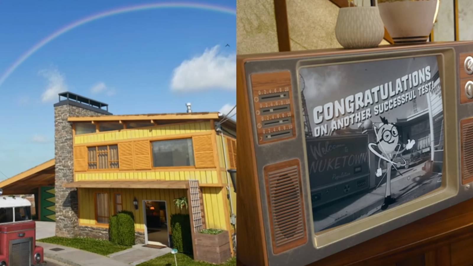 Nuketown exterior on the left,  closeup of a TV on the right (Black Ops 6)
