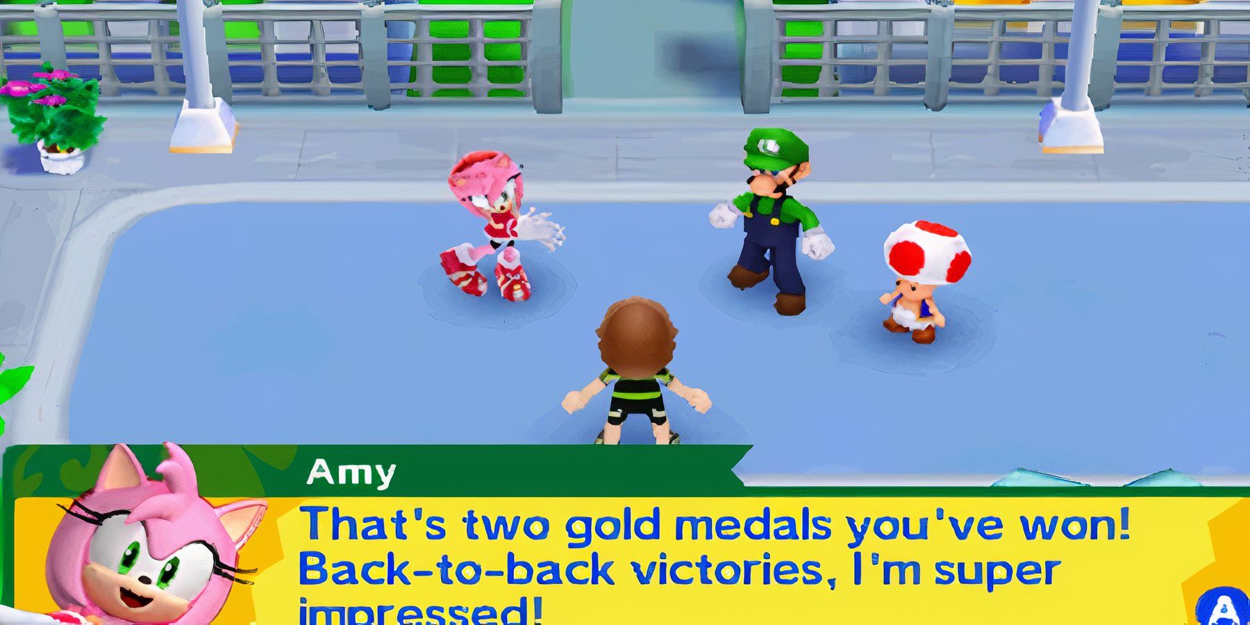 amy talking to toad, luigi and a mii