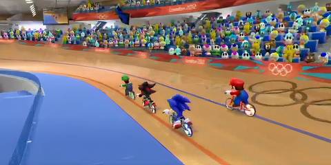 luigi, shadow, sonic and mario in a bike race