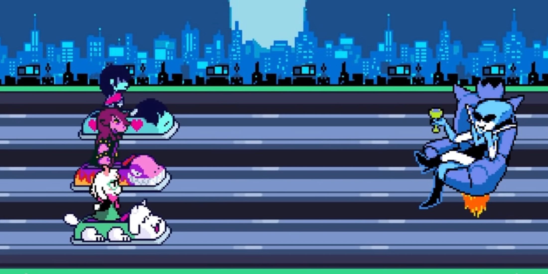 Screenshot of Kris, Susie, and Ralsei doing battle with Queen during Deltarune Chapter 2