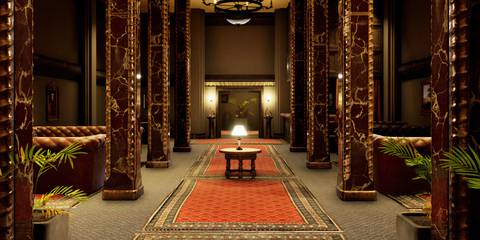 one of the rooms in Escape The Backrooms with sofas and lights on the side and a lamp right in the middle.