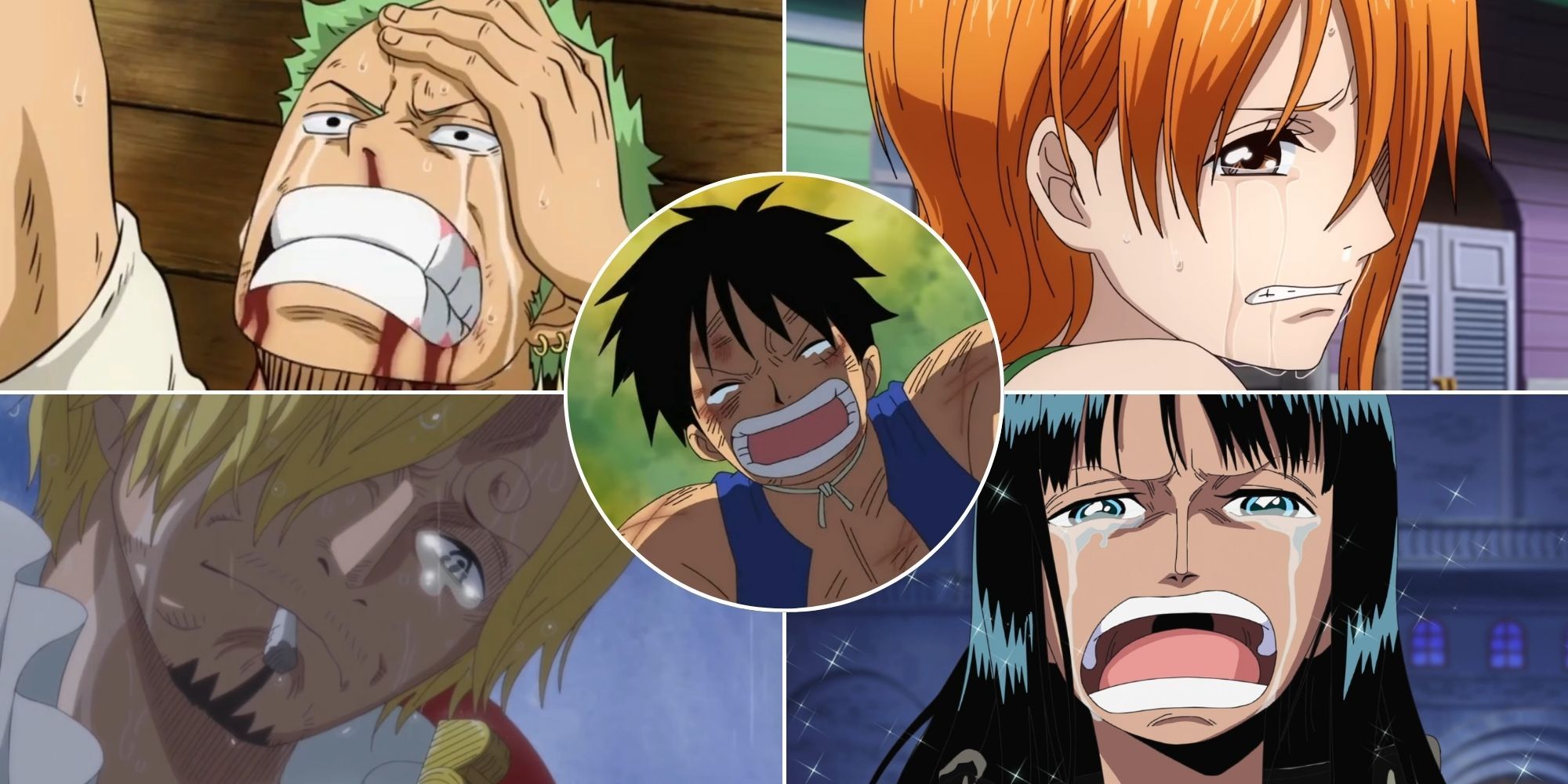 A collage of Zoro, Nami, Sanji, Robin and Luffy crying during their lowest points in the series in One Piece