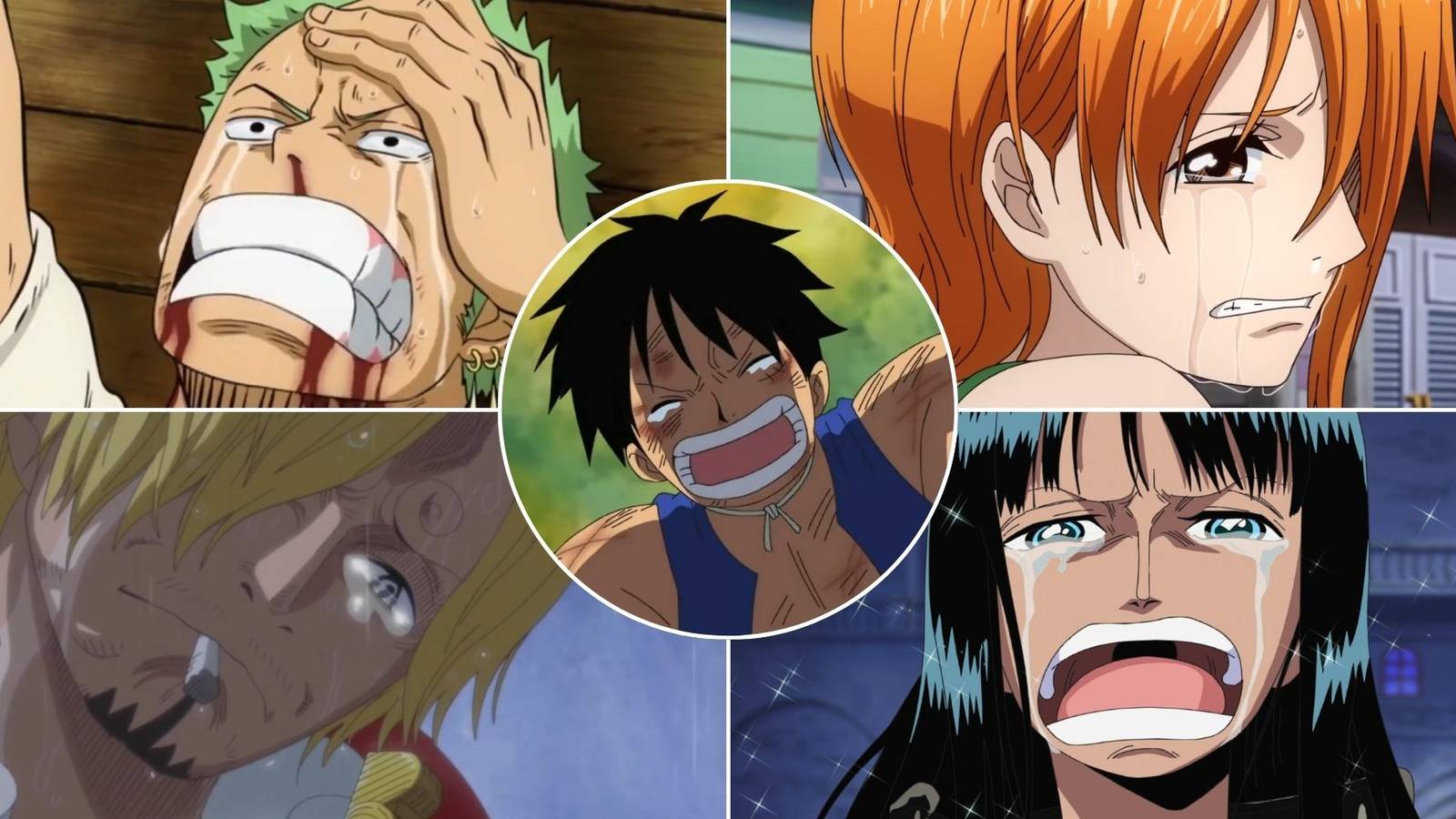 A collage of Zoro, Nami, Sanji, Robin and Luffy crying during their lowest points in the series in One Piece