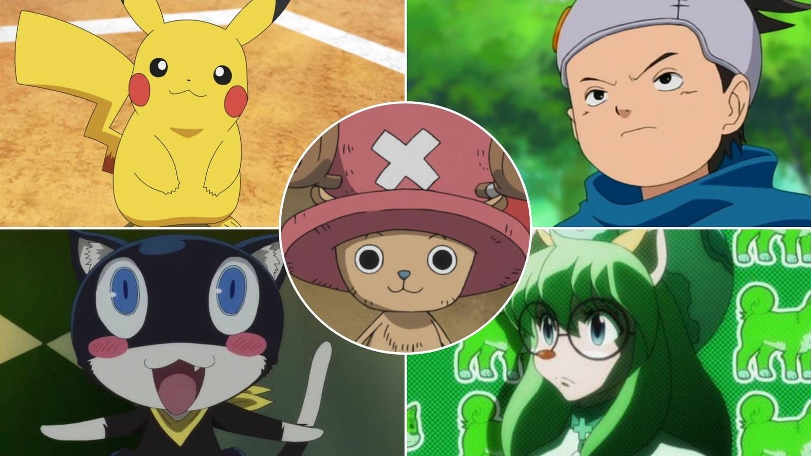 A collage of 5 characters who are voiced by Ikue Ōtani: Pikachu from Pokemon, Konohamaru from Naruto, Morgana from Persona 5, Cheadle from Hunter x Hunter and Tony Tony Chopper from One Piece.