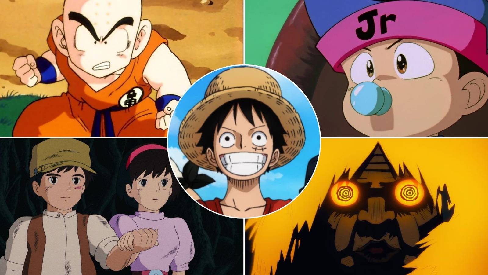 A collage of 4 characters who share VA with Luffy: Krillin from Dragon Ball, Koenma from Yu Yu Hakusho, Pazu from Castle in the Sky and Turbo Granny from DanDaDan.