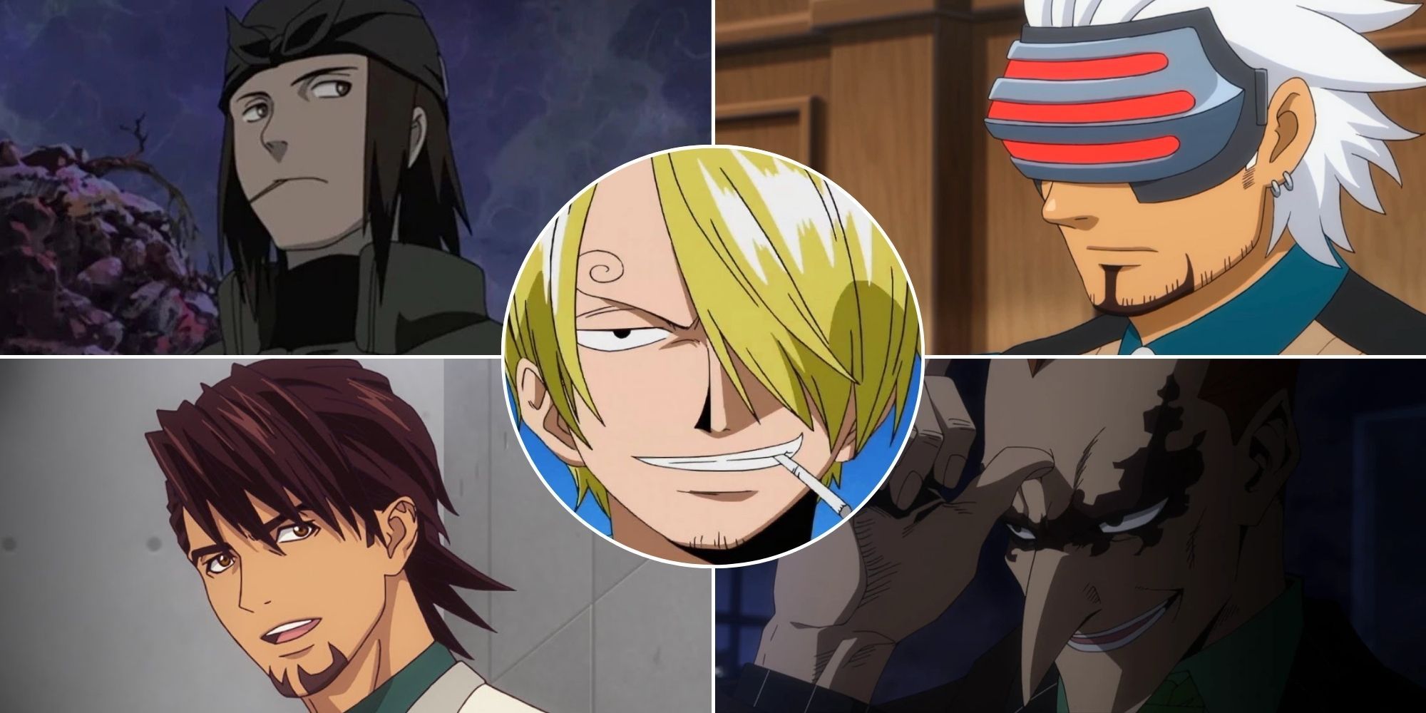 A collage of 5 anime characters who were voiced by Hiroaki Hirata: Genma Shiranui from Naruto, Godot from Ace Attorney, Kotetsu Kaburagi from Tiger & Bunny, Re-Destro from My Hero Academia and Vinsmoke Sanji from One Piece.