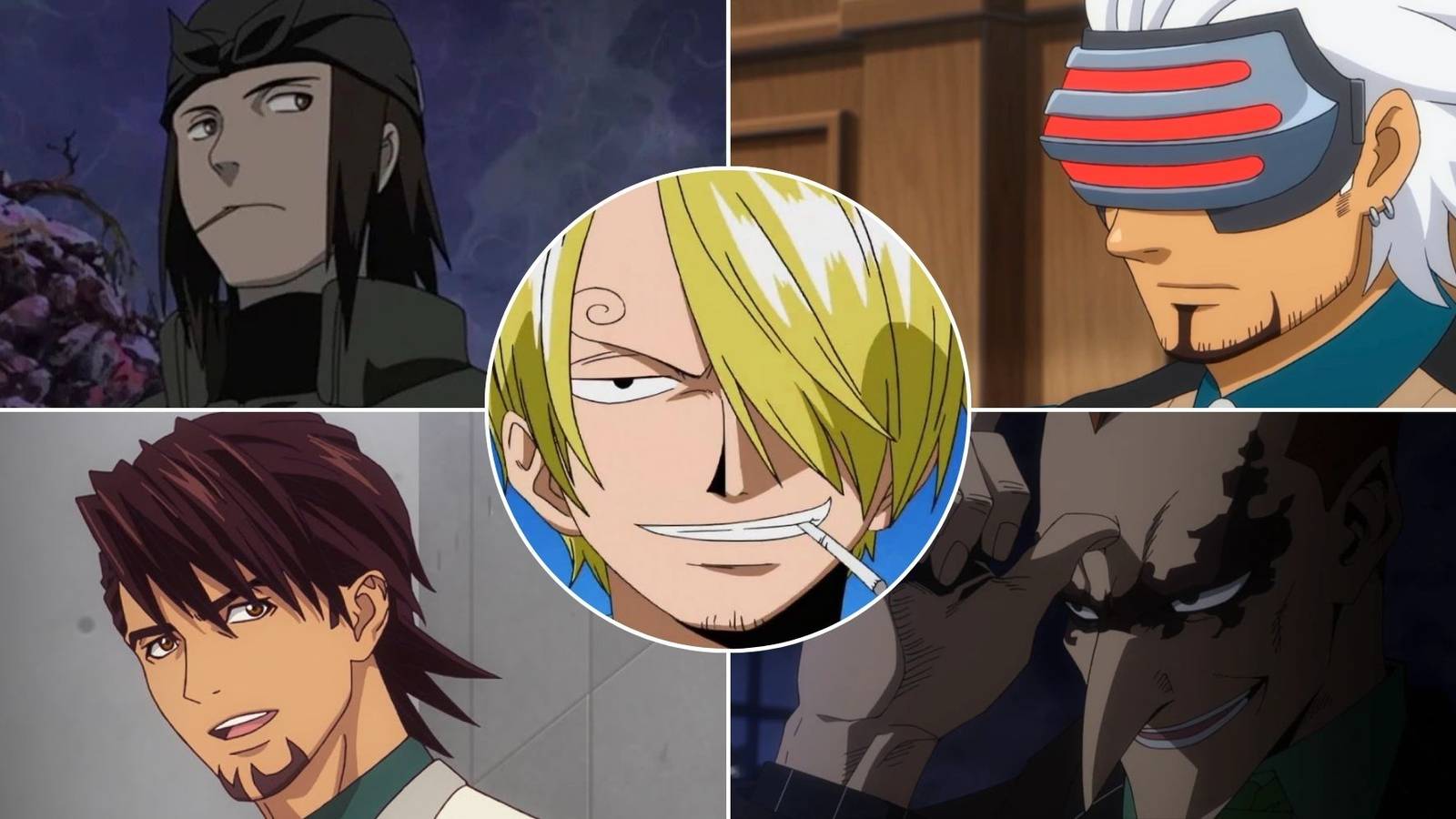 A collage of 5 anime characters who were voiced by Hiroaki Hirata: Genma Shiranui from Naruto, Godot from Ace Attorney, Kotetsu Kaburagi from Tiger & Bunny, Re-Destro from My Hero Academia and Vinsmoke Sanji from One Piece.