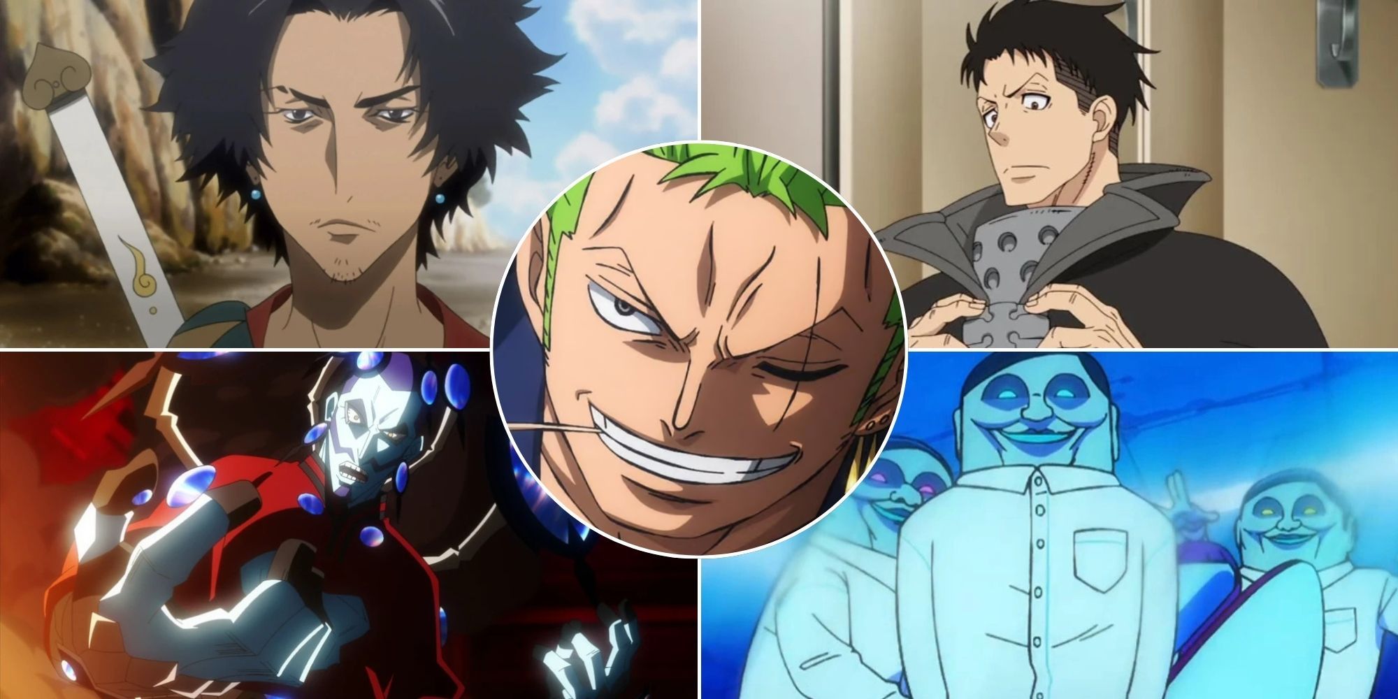 A collage of 4 anime characters who are also voiced by Kazuya Nakai, Zoro's VA: Mugen from Samurai Champloo, Captain Obi from Fire Force, Flect Turn from My Hero Academia and the Serpo Aliens from DanDaDan.